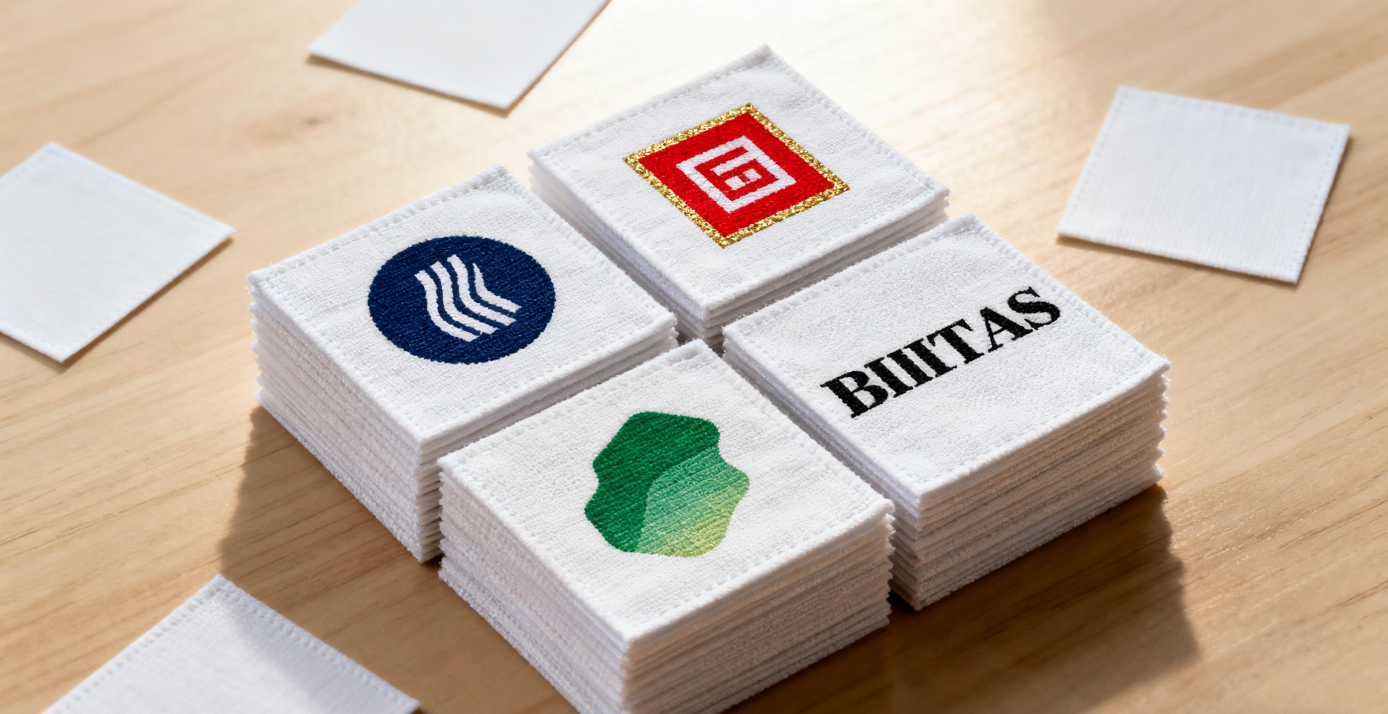 Square garment labels with printed brand logos